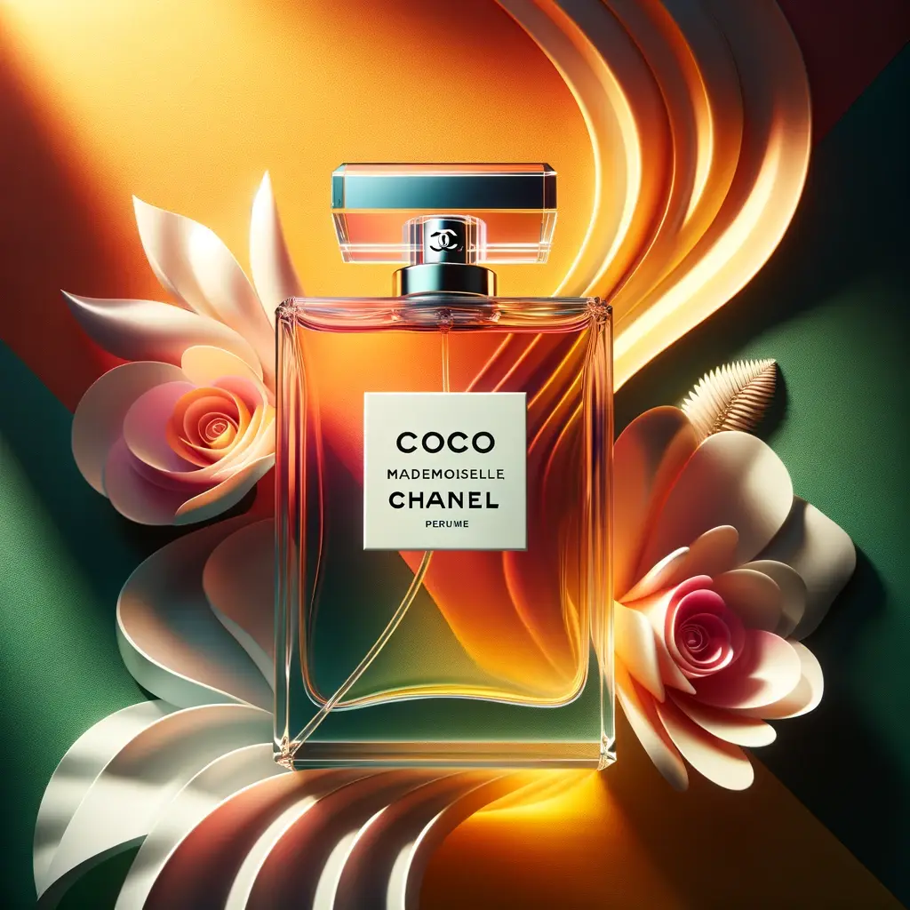 COCO MADEMOISELLE by Chanel, featuring a sleek, clear perfume bottle with the Chanel logo. 