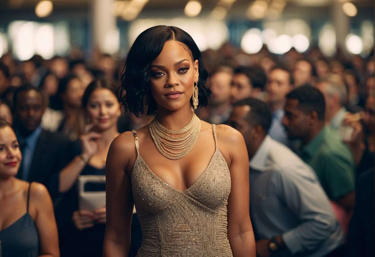 Rihanna stands confidently, no makeup, surrounded by a crowd, AI image