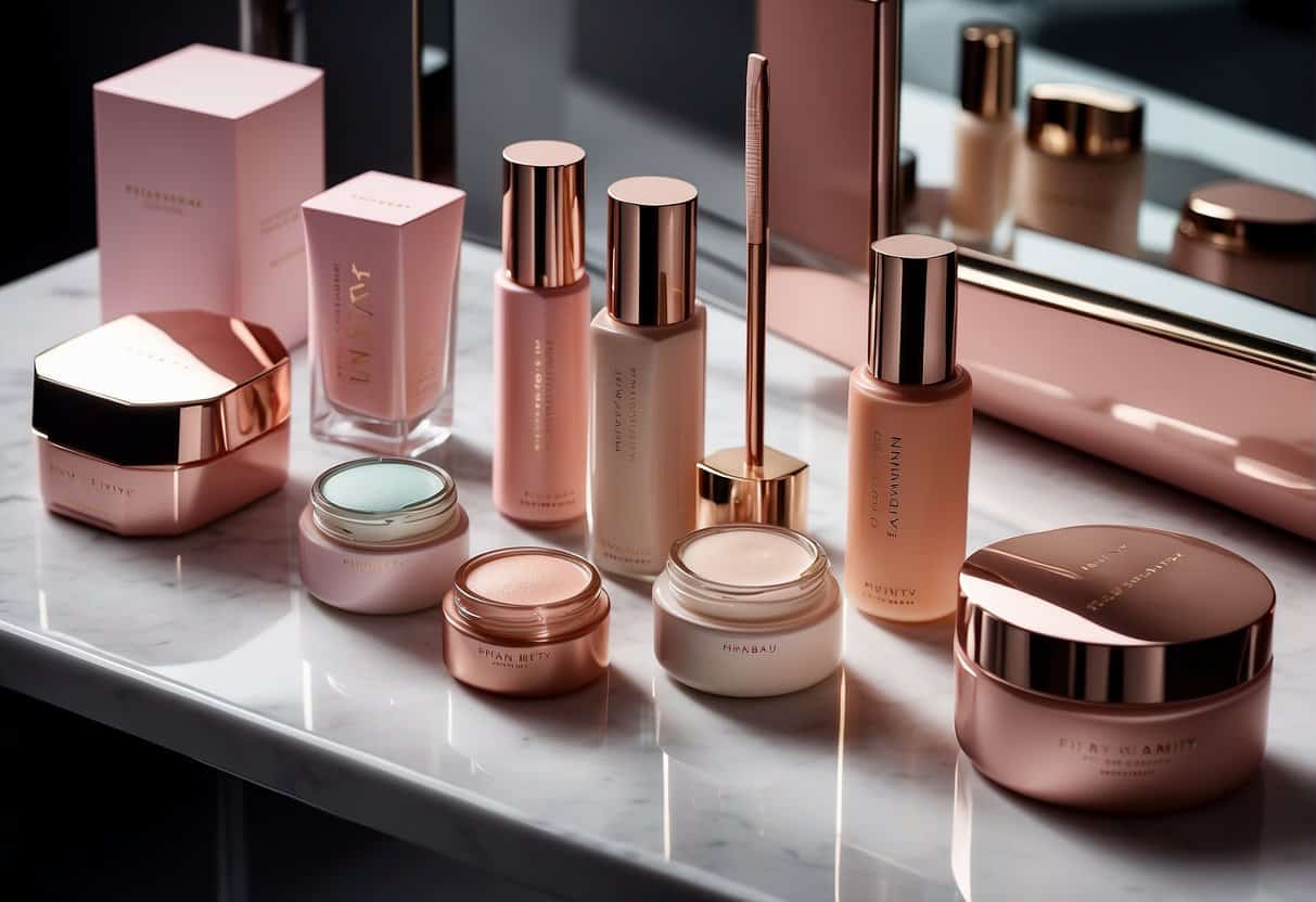 Rihanna's Fenty Beauty products arranged on a sleek, modern vanity. Bright, colorful packaging and luxurious textures catch the eye