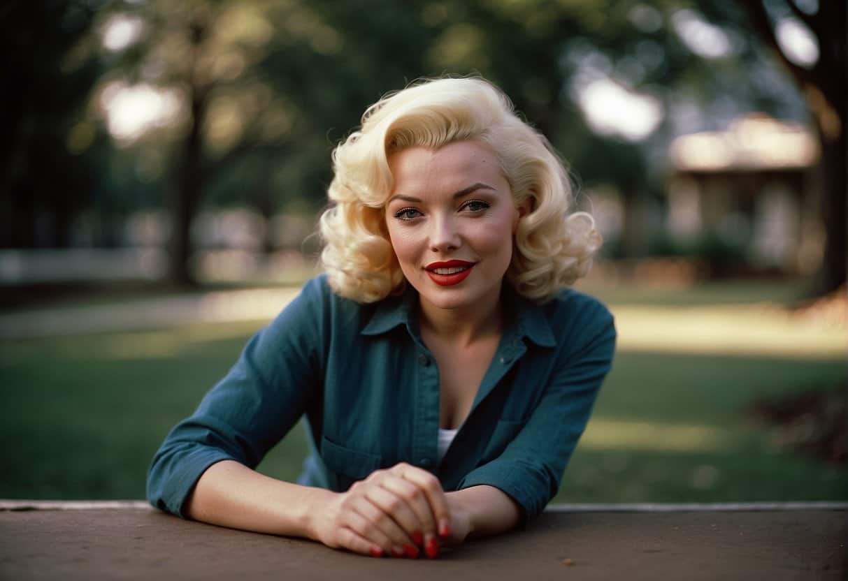 Marilyn Monroe's natural beauty shines through as she goes about her early life, with no makeup, capturing the essence of her rise to fame