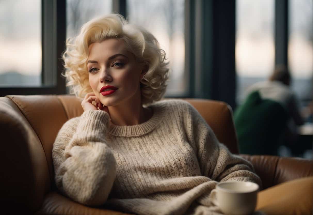 Marilyn Monroe relaxes in a cozy chair, sipping tea. Her hair is tousled, and she wears a soft, oversized sweater. She gazes out a window, lost in thought