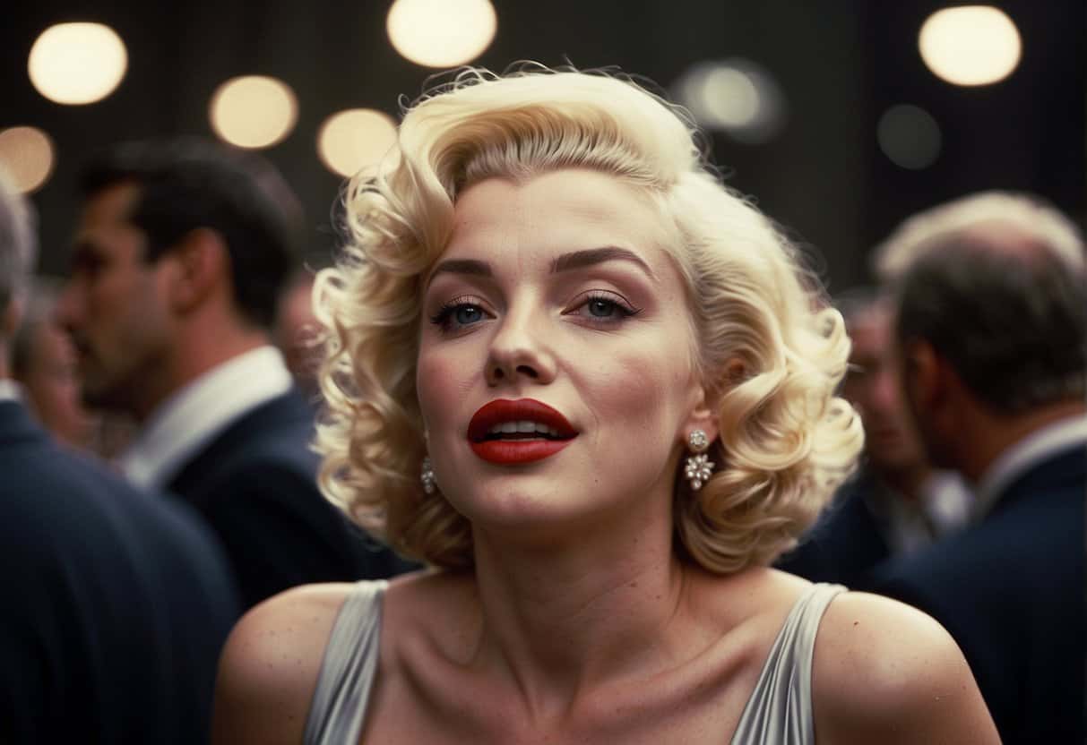 Marilyn Monroe's iconic red lipstick and blonde hair captured in a vintage photograph