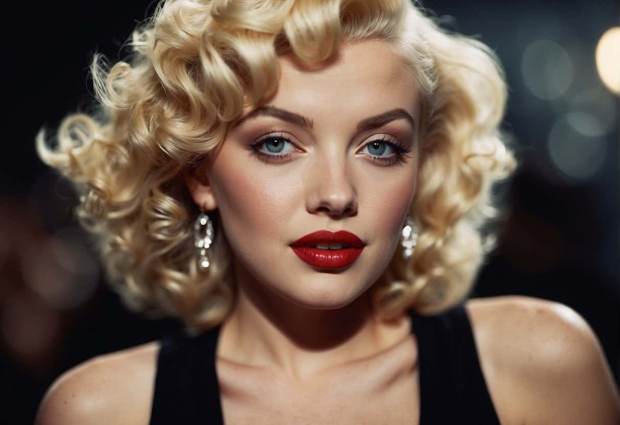 Marilyn Monroe's iconic red lipstick, winged eyeliner, and glamorous curls